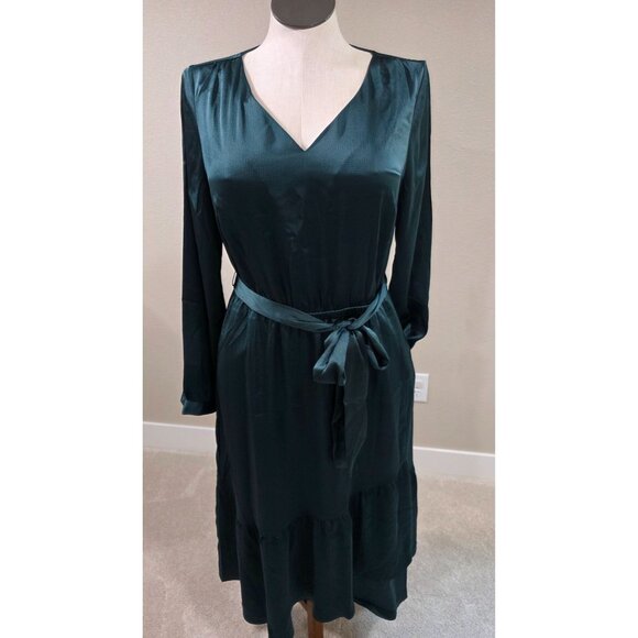 Lane Bryant Womens V-Neck Satin Dress With Tie Belt Dark Green Size 12 New With - Picture 3 of 14